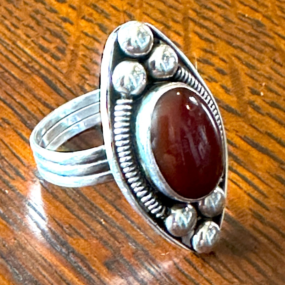 Vintage Stamped Sterling silver and Carnelian ring w round balls Unique Handmade